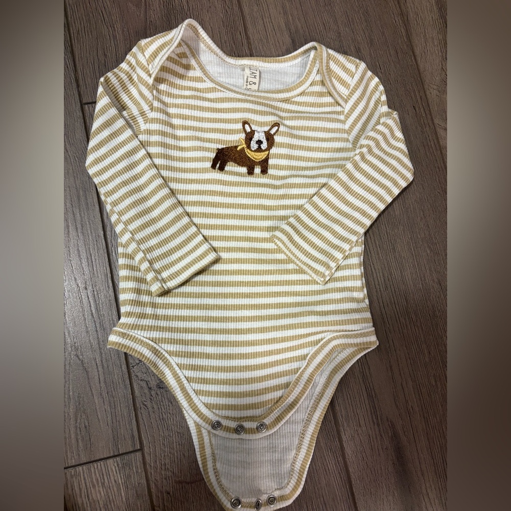 ⭐️5/$30 Striped Beige and White Baby Bodysuit with Dog Design